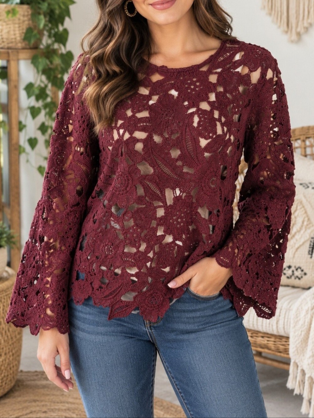 Purple open knit lace overlay bell sleeve blouse dark romantic whimsigoth Small